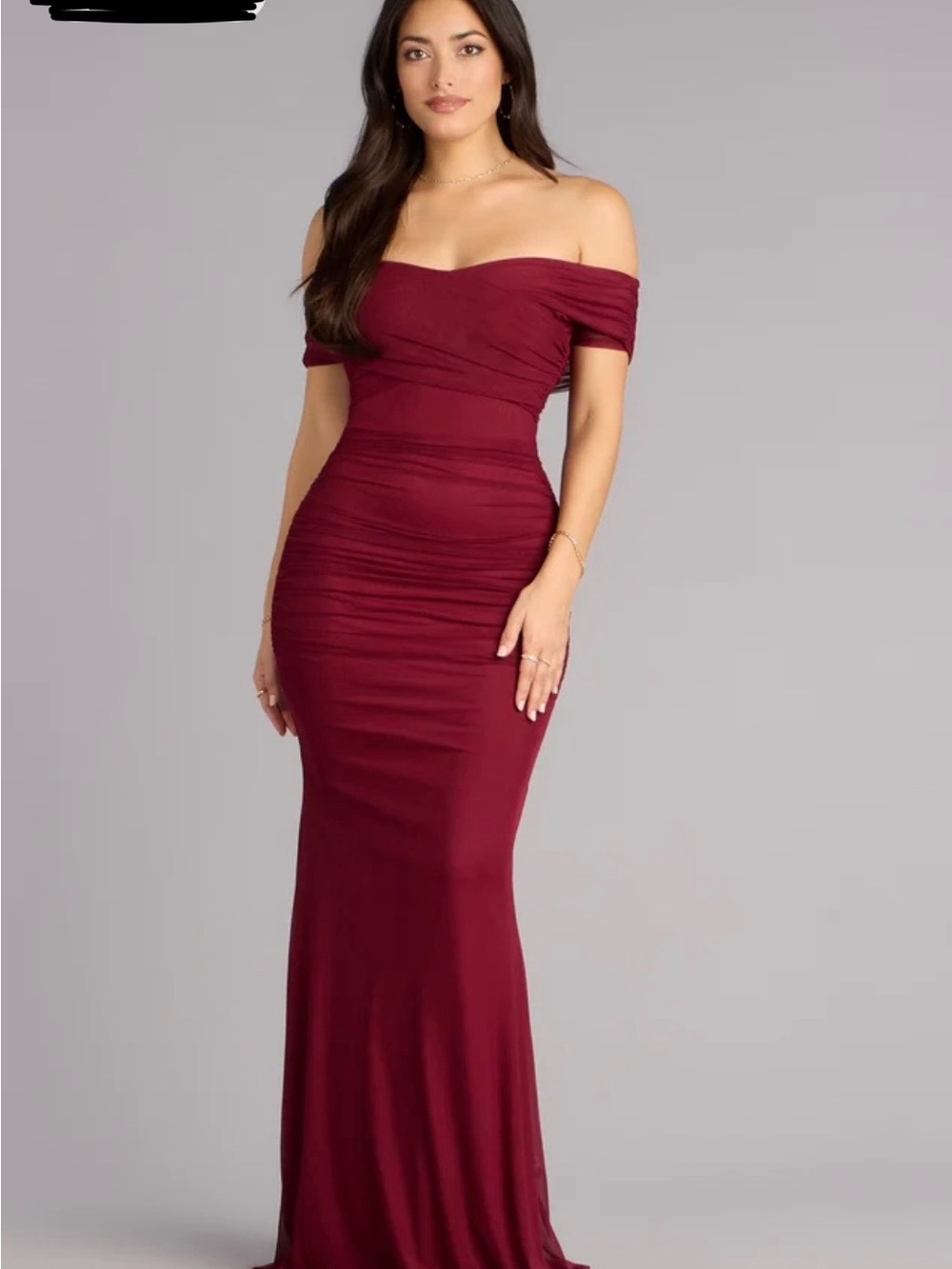 Windsor Off-Shoulder Ruched Maxi Dress in Burgundy